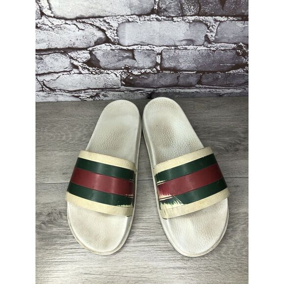GUCCI Web White Rubber Logo Casual Slides Designer Sandals Men’s Sz 11M US/44EU main image 4